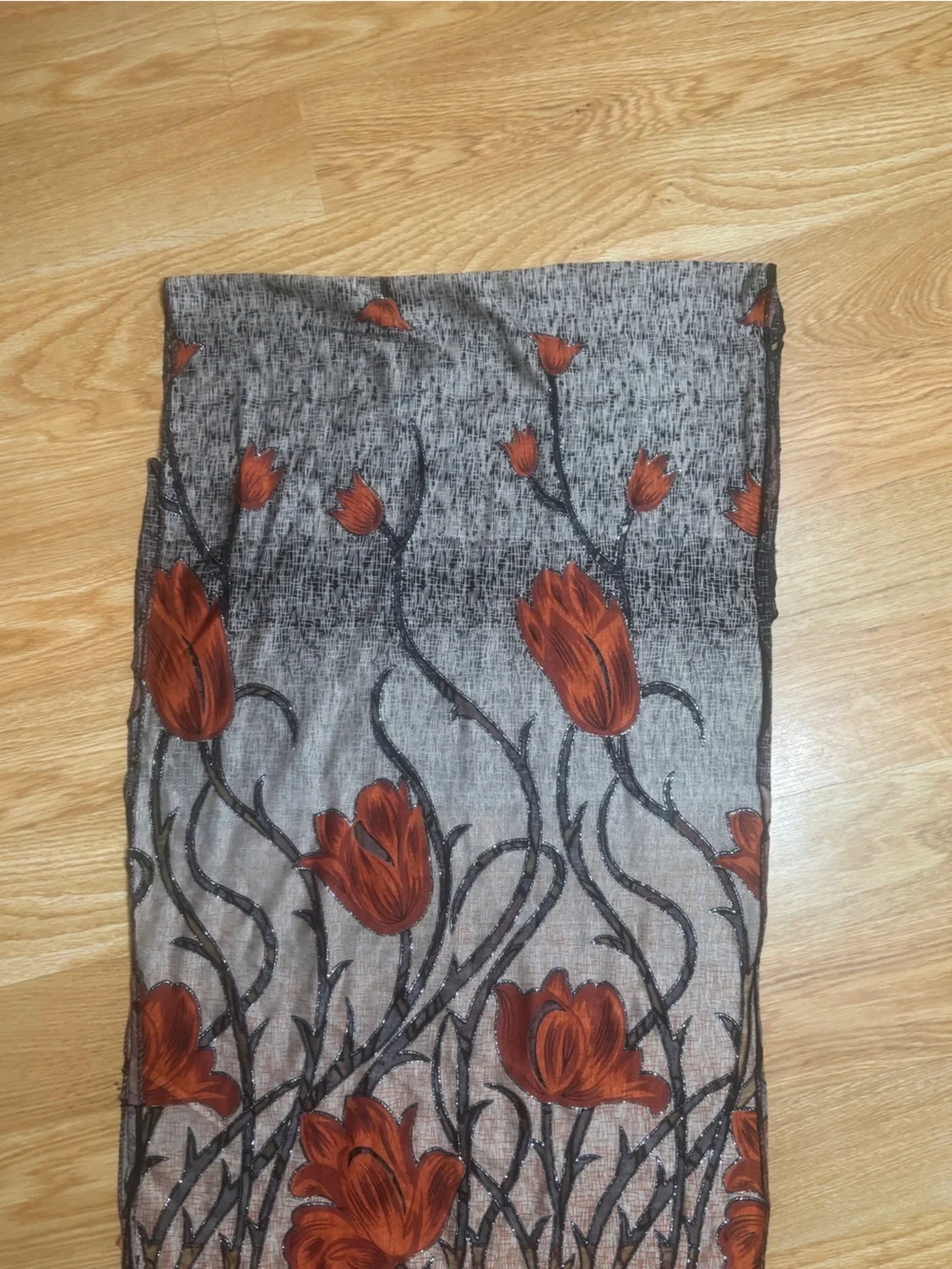 Lightweight Floral Fringe Scarf in Taupe and Rust